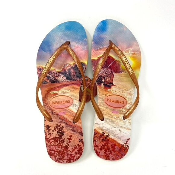 Havaianas 'Slim Paisage' Flip Flop Sz 11/12 Beige Orange - Picture 1 of 6
